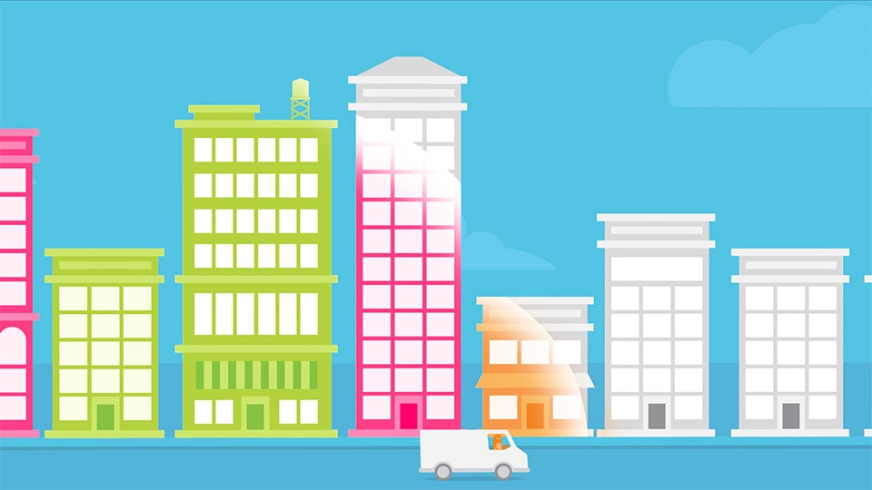 A illustrated city in a motion graphics explainer video