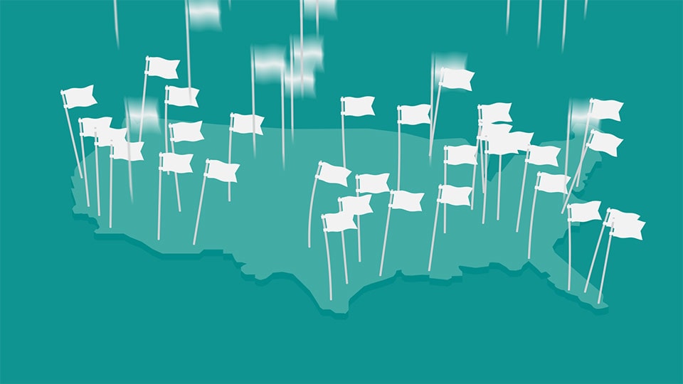 Animated flags fall onto a map in a motion graphics explainer video