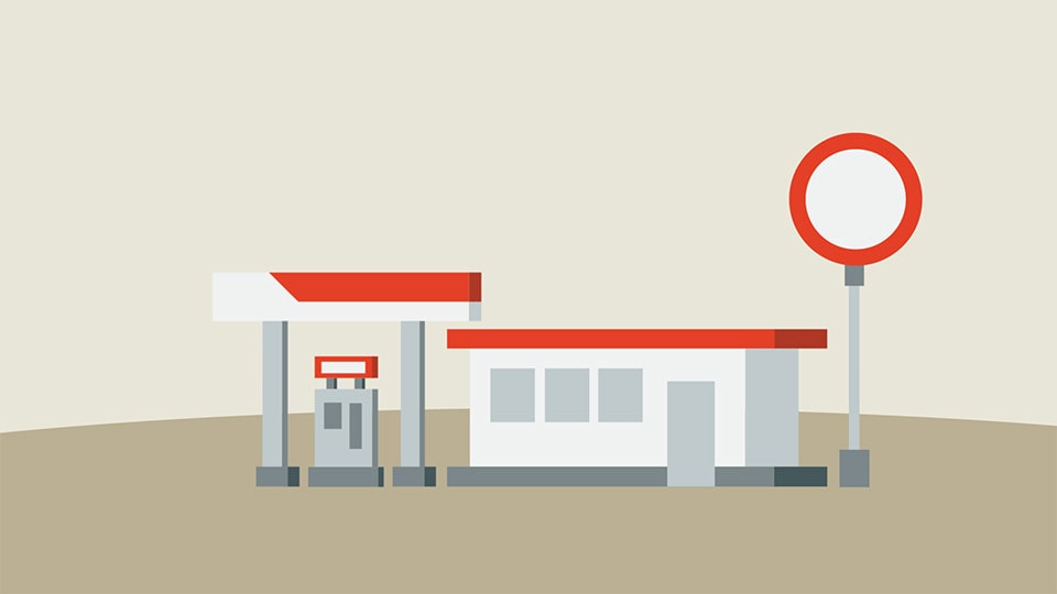 An animated gas station in a motion graphics explainer