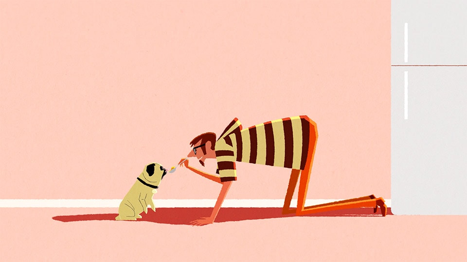 A illustration of a owner and dog in an animated commercial
