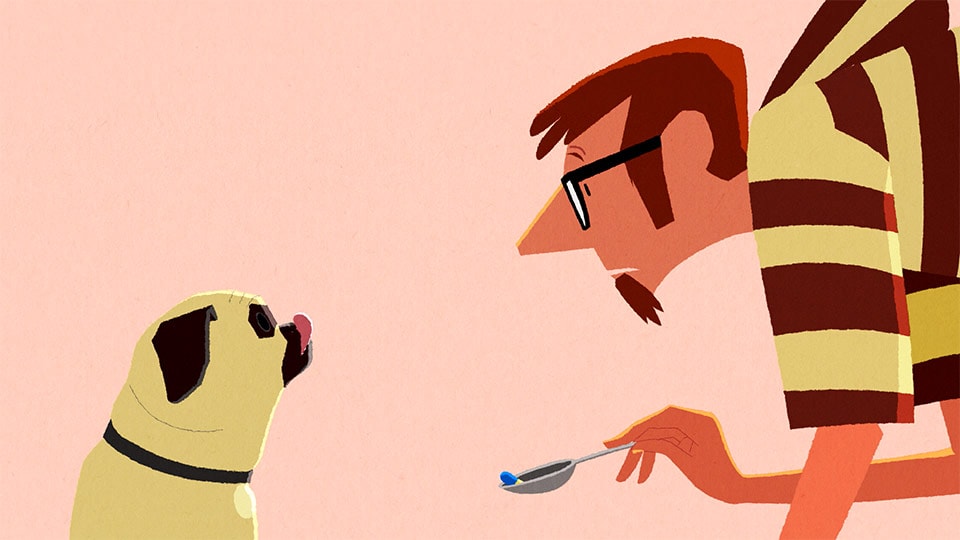 A illustration of a owner and dog in an animated commercial