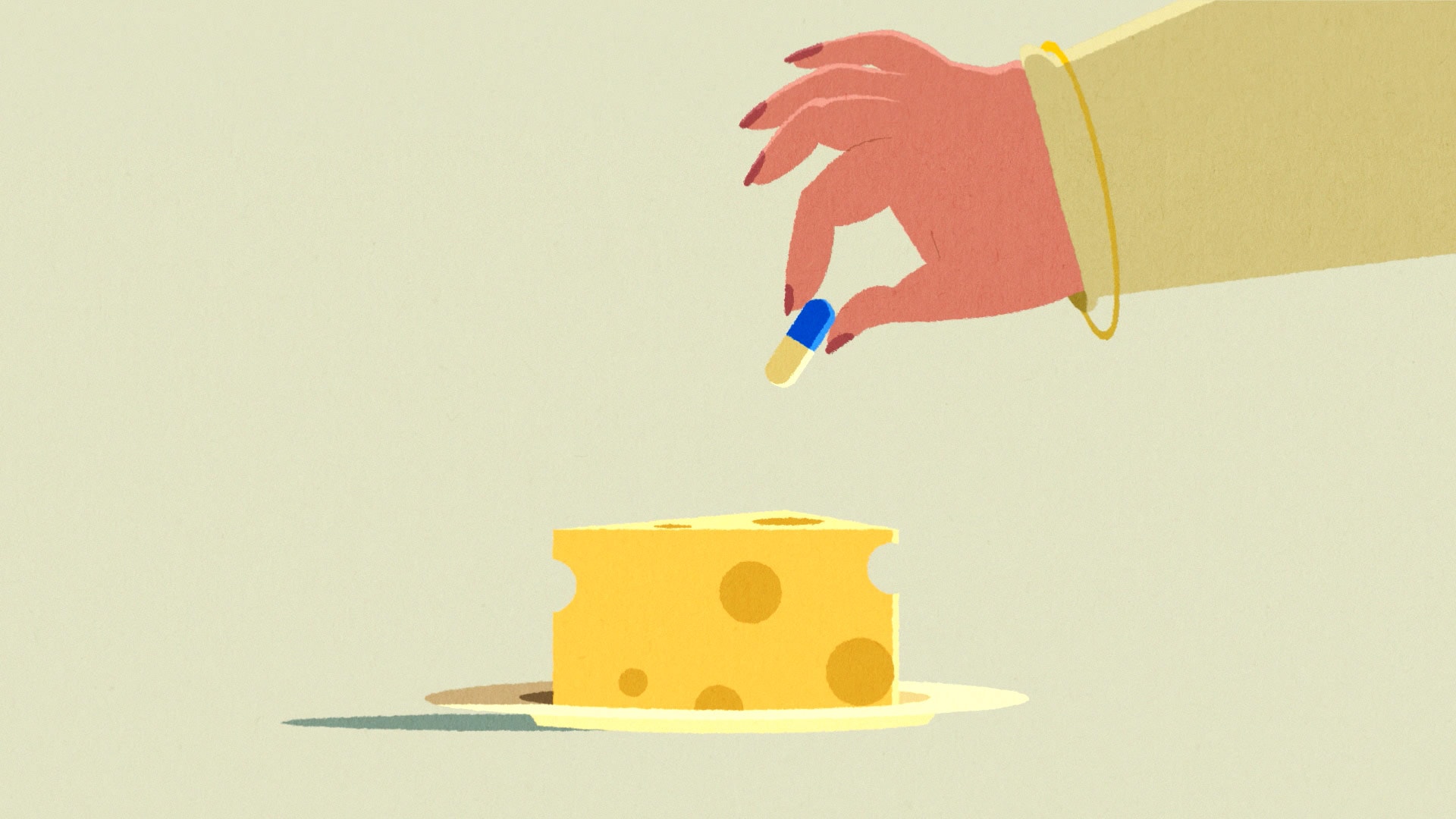 A illustration of a owner hiding medicine in an animated commercial