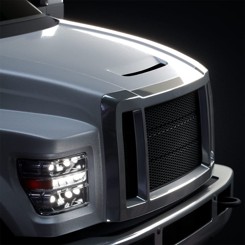A closeup of a photorealistic 3D rendering of a vehicle