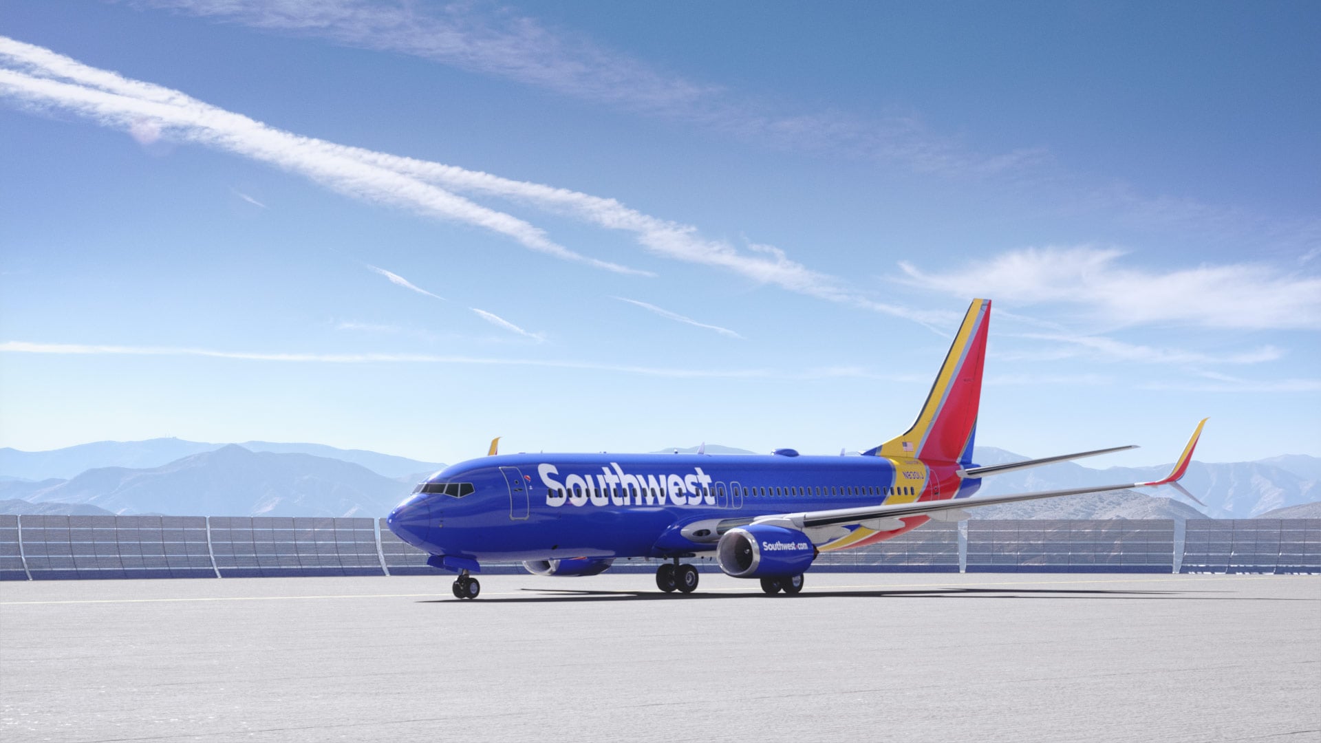 A photorealistic 3D rendering of a Southwest Airlines aircraft