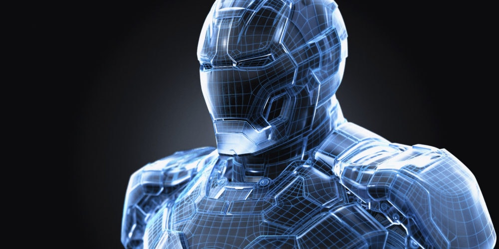 Iron Man rendered in a hologram style
