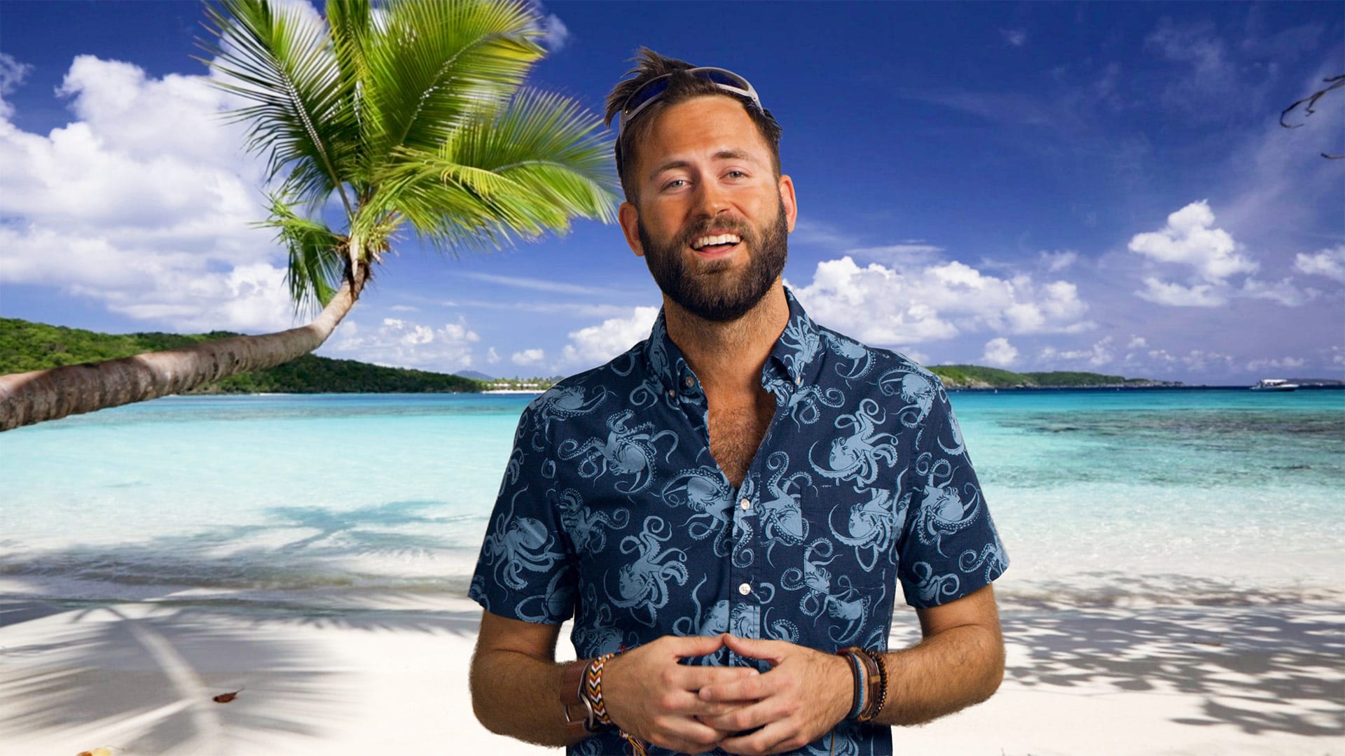 A green screen composite of a news anchor on a beach for a wireless company commercial