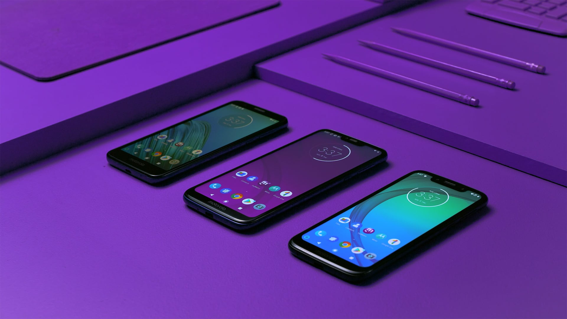 A frame from a art directed product hero shot of Motorola smart phones
