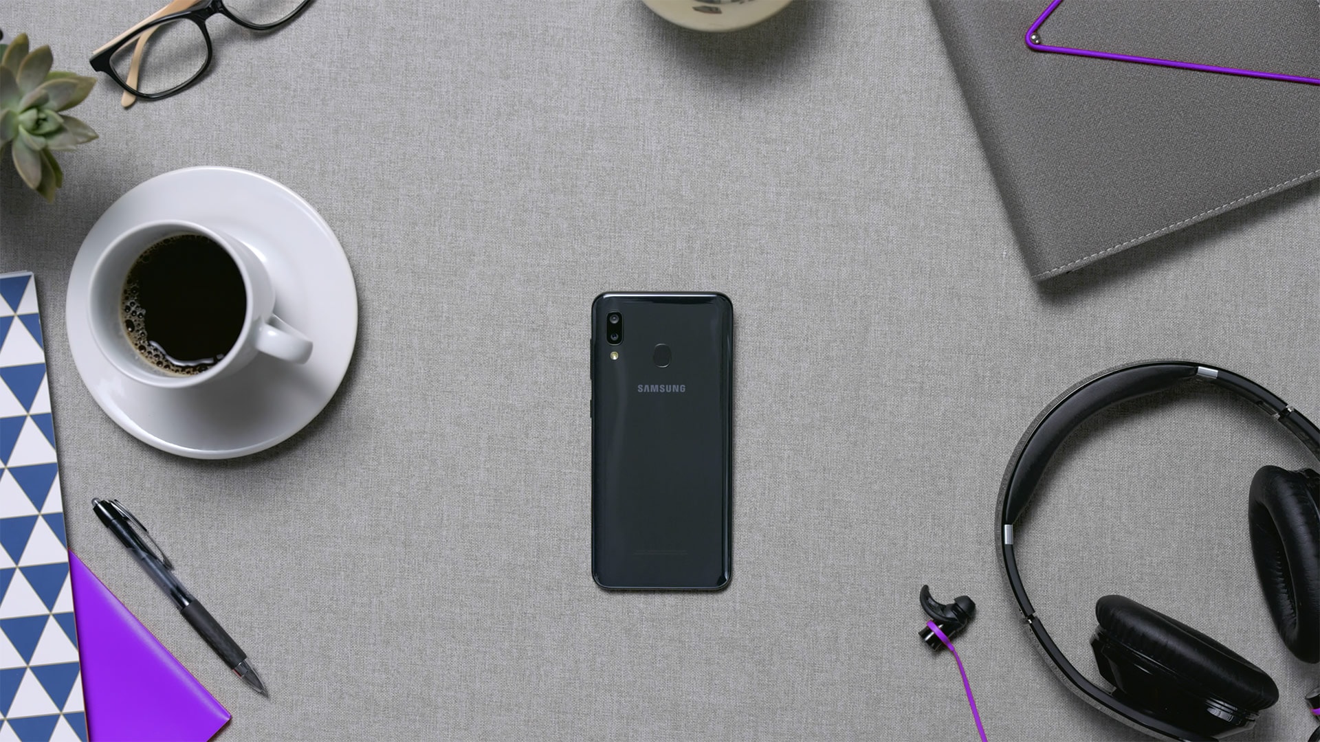 A art directed hero shot of a Samsung smartphone in a product promo video