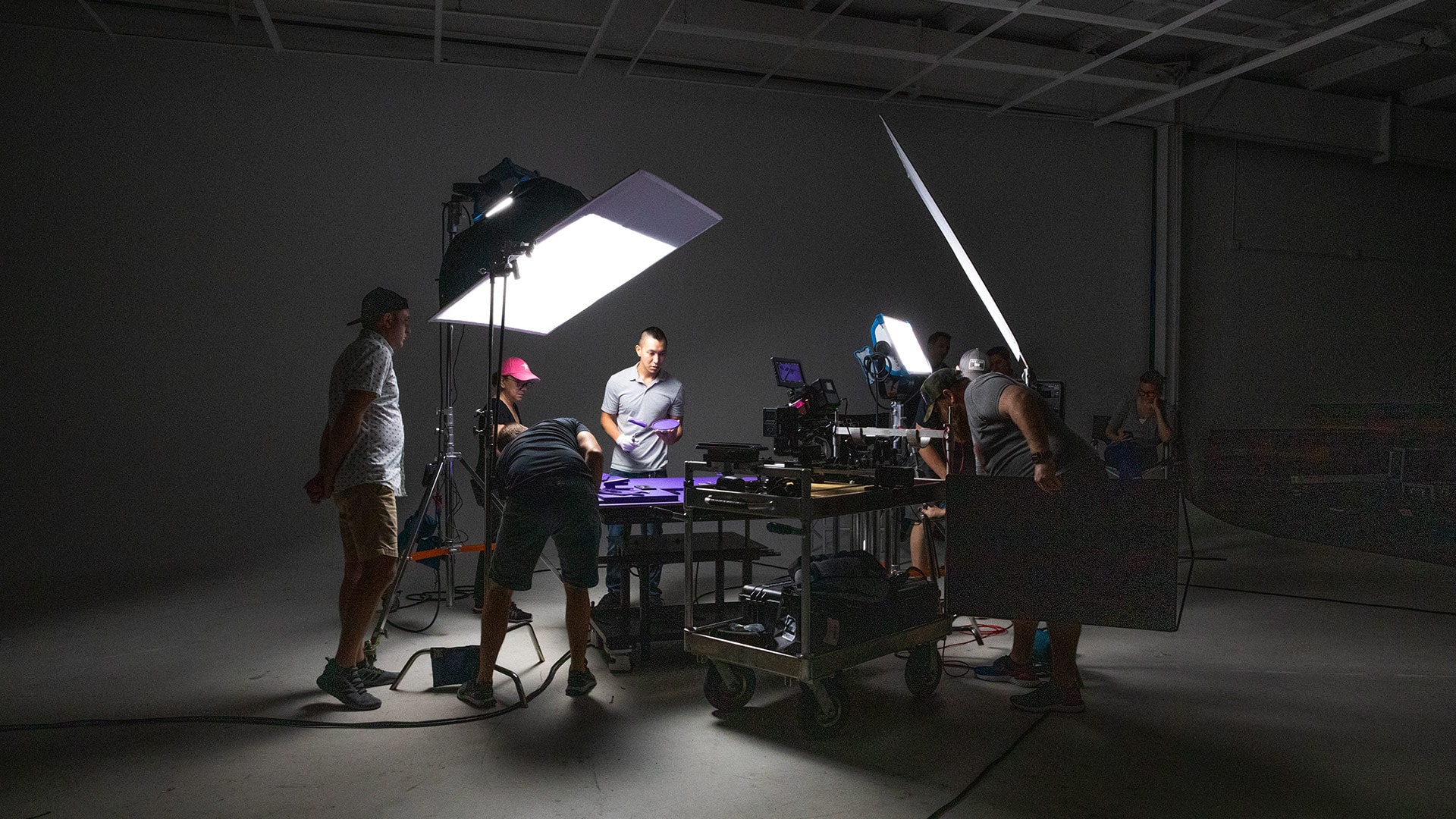 A crew working on a set for a product promo video