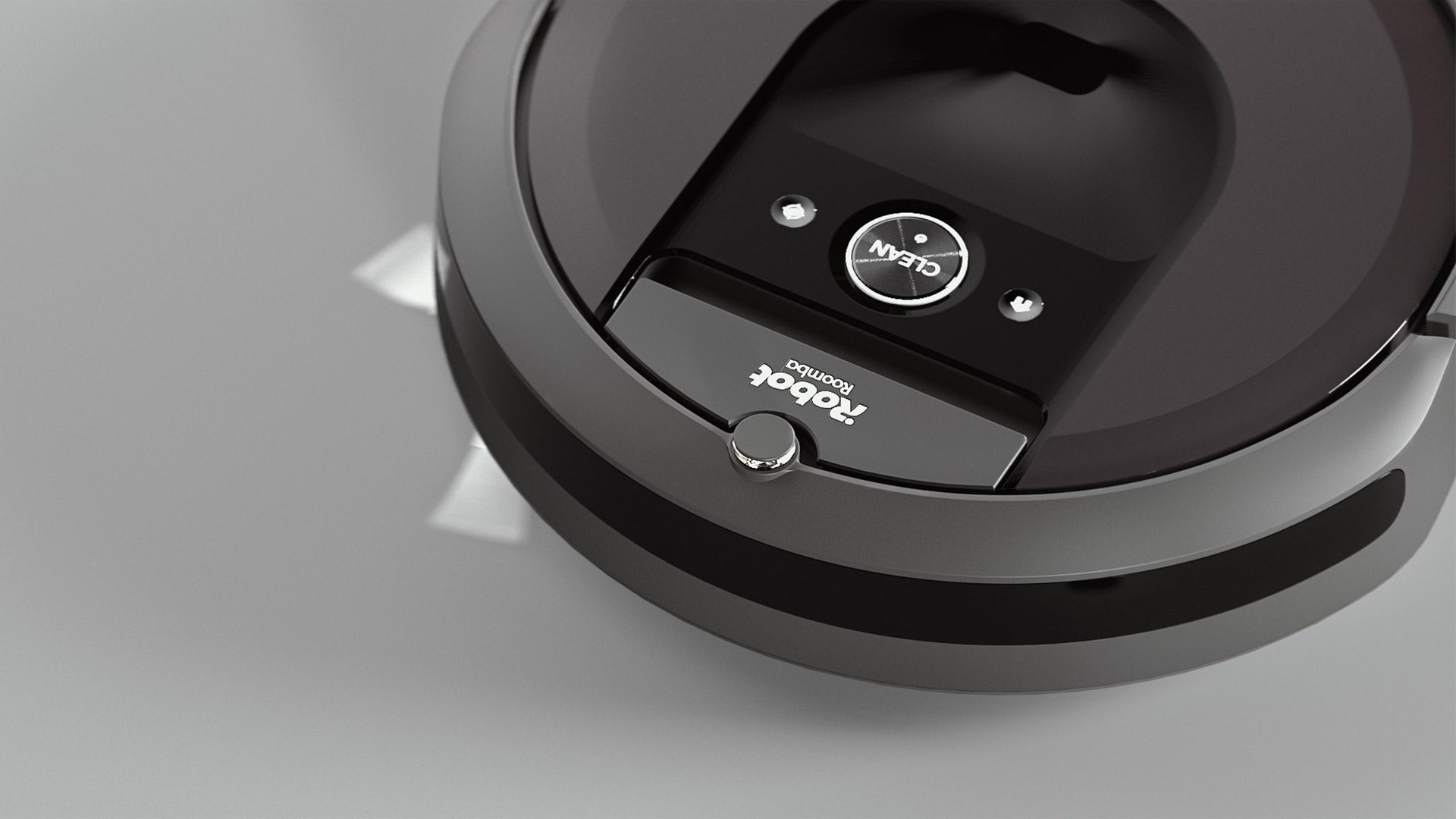 A photorealistic 3D render of a robot vacuum for a product video