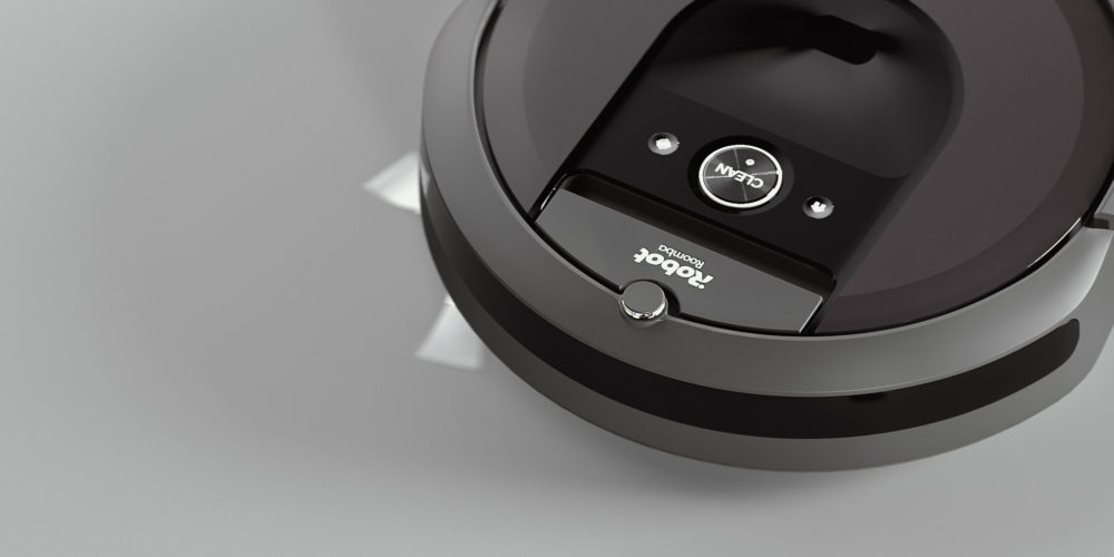 A photorealistic 3D render of a robot vacuum for a product video