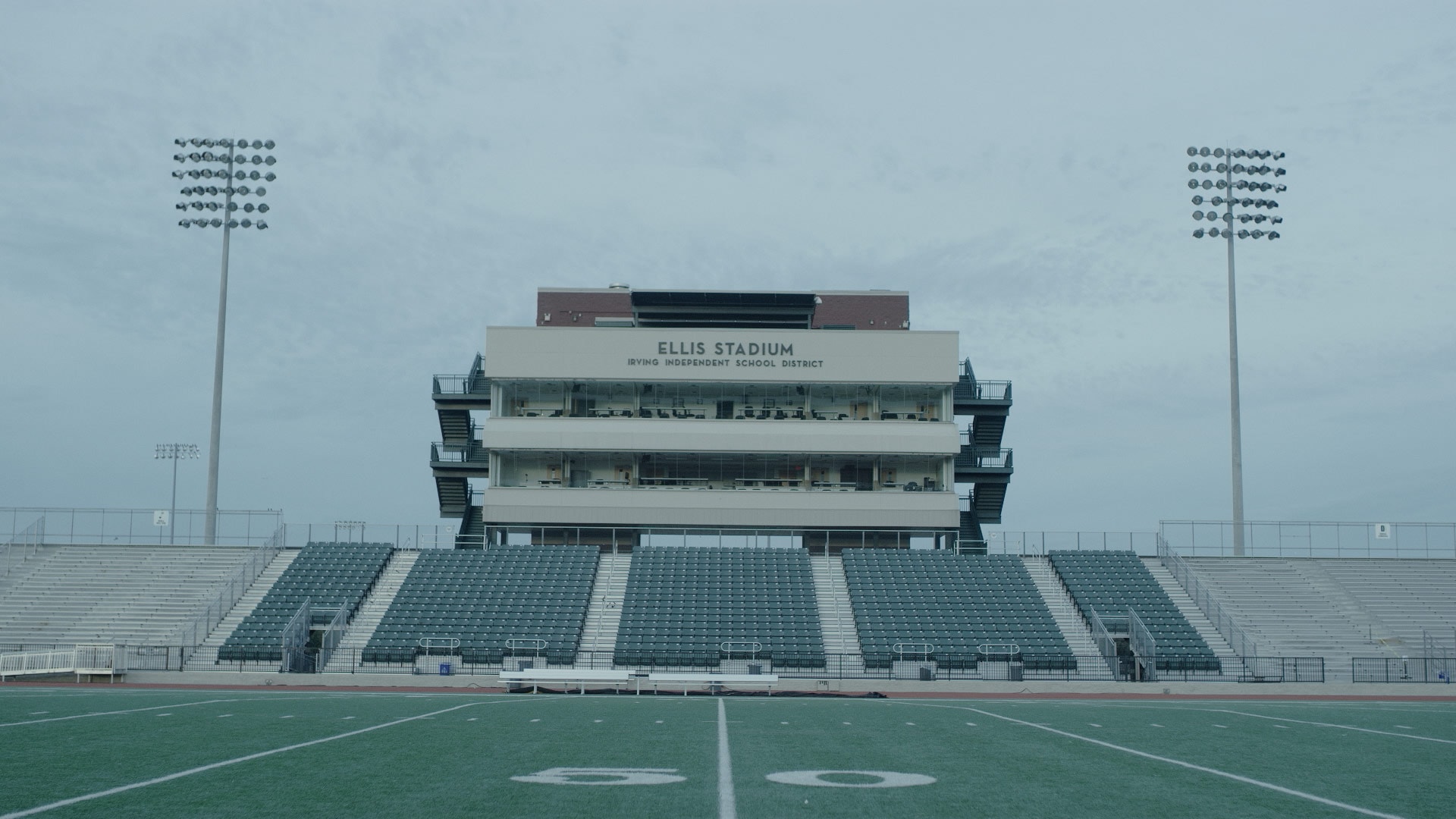 A shot of a football stadium from a branded documentary style video
